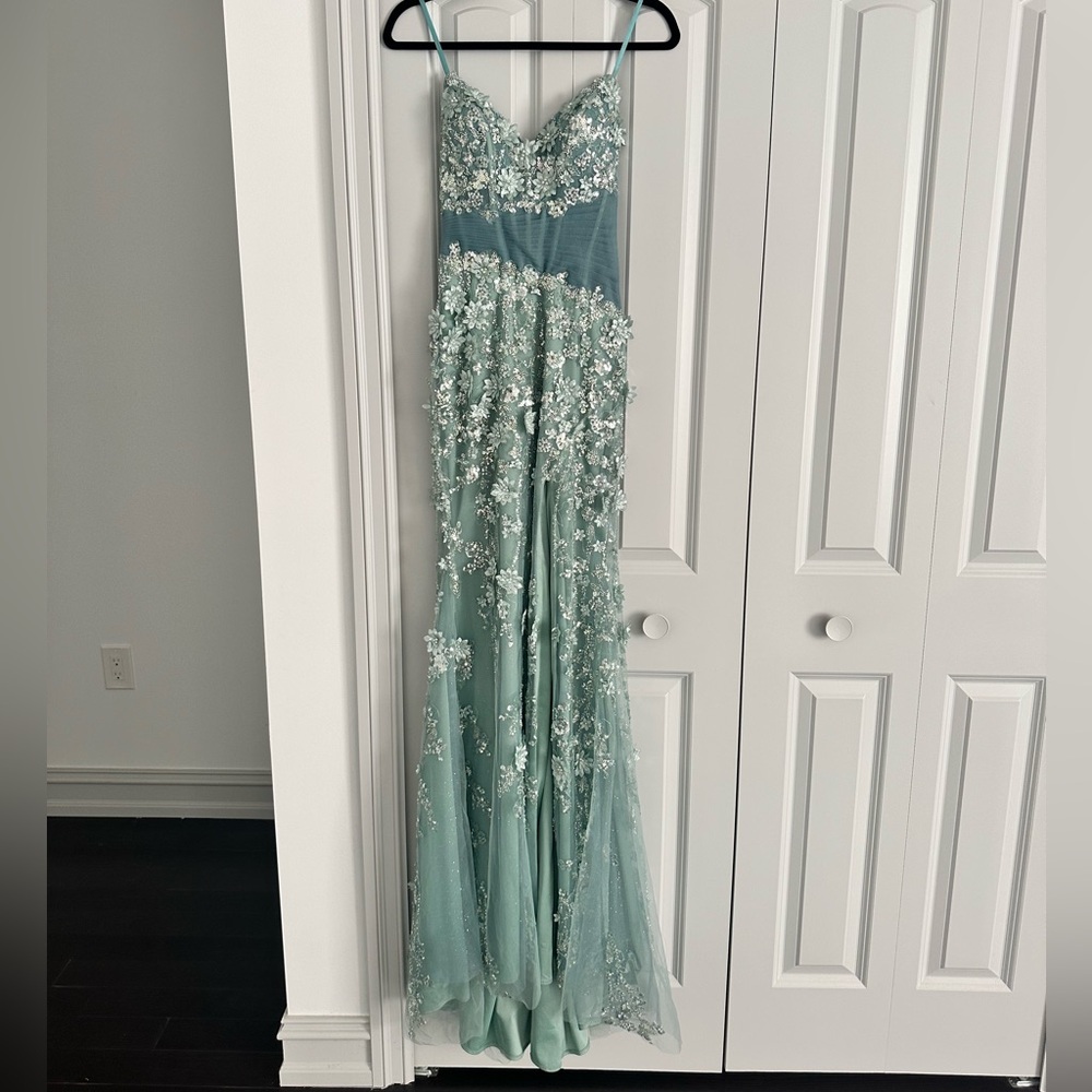 Andrea & Leo: Mint Green Embellished Spaghetti-Strap Evening Dress
